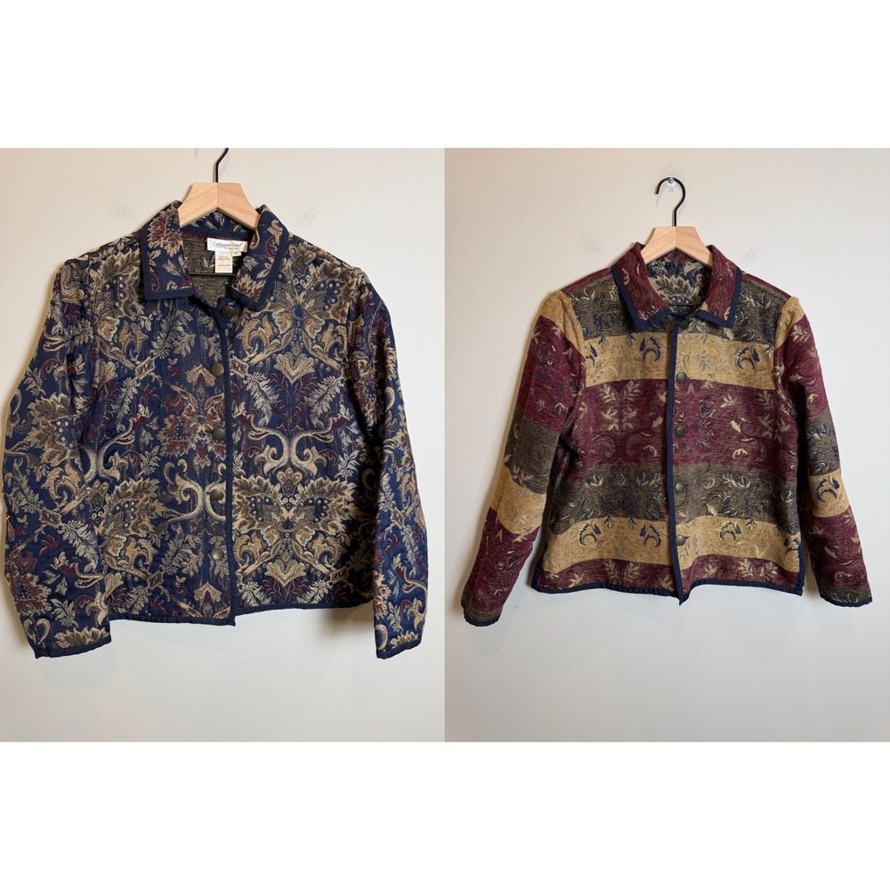 Coldwater Creek Reversible Tapestry Jacquard Button Up Jacket Navy Gold Petite L